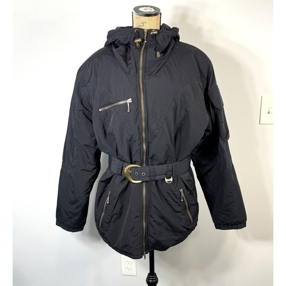 NILS Black Hooded Belted Insulated Winter Coat Women's Size 12  Full Zip Vintage - Picture 1 of 16